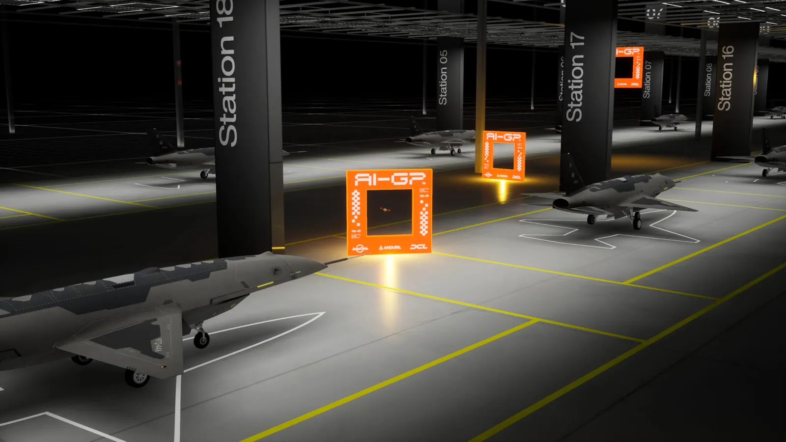 The AI Grand Prix's Virtual Qualifier 2 course: orange race gates set through an aircraft hangar.