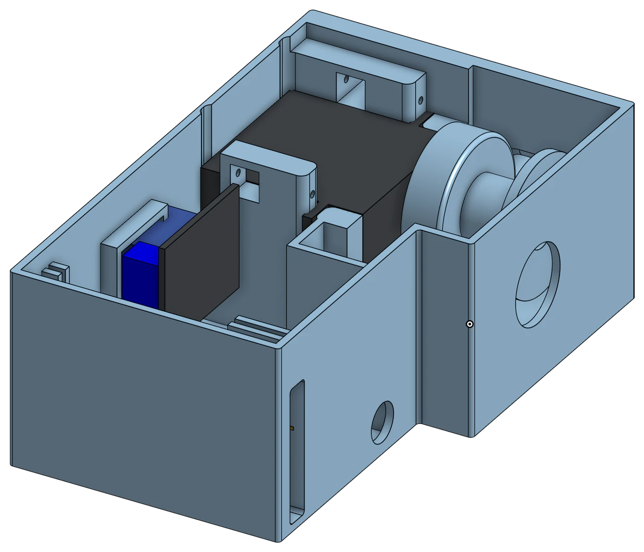 CAD view into the open enclosure: a servo with a flanged spool on its shaft beside a round opening in the wall, a blue relay on its board, and the mounts around them.