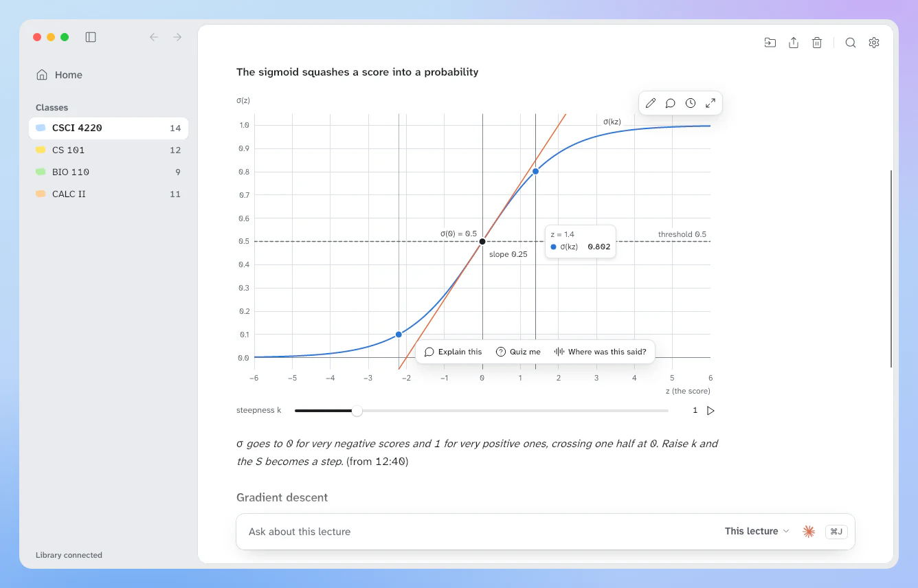 A graph in a lecture's notes: the sigmoid curve, with its slope at the midpoint marked and a slider to change its steepness.