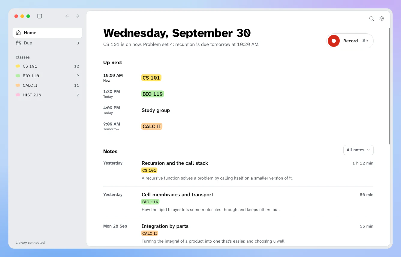 Study Stash's Home page in light mode: Wednesday, September 30, with the day's classes under Up next and the newest notes listed below, each with a line about it.