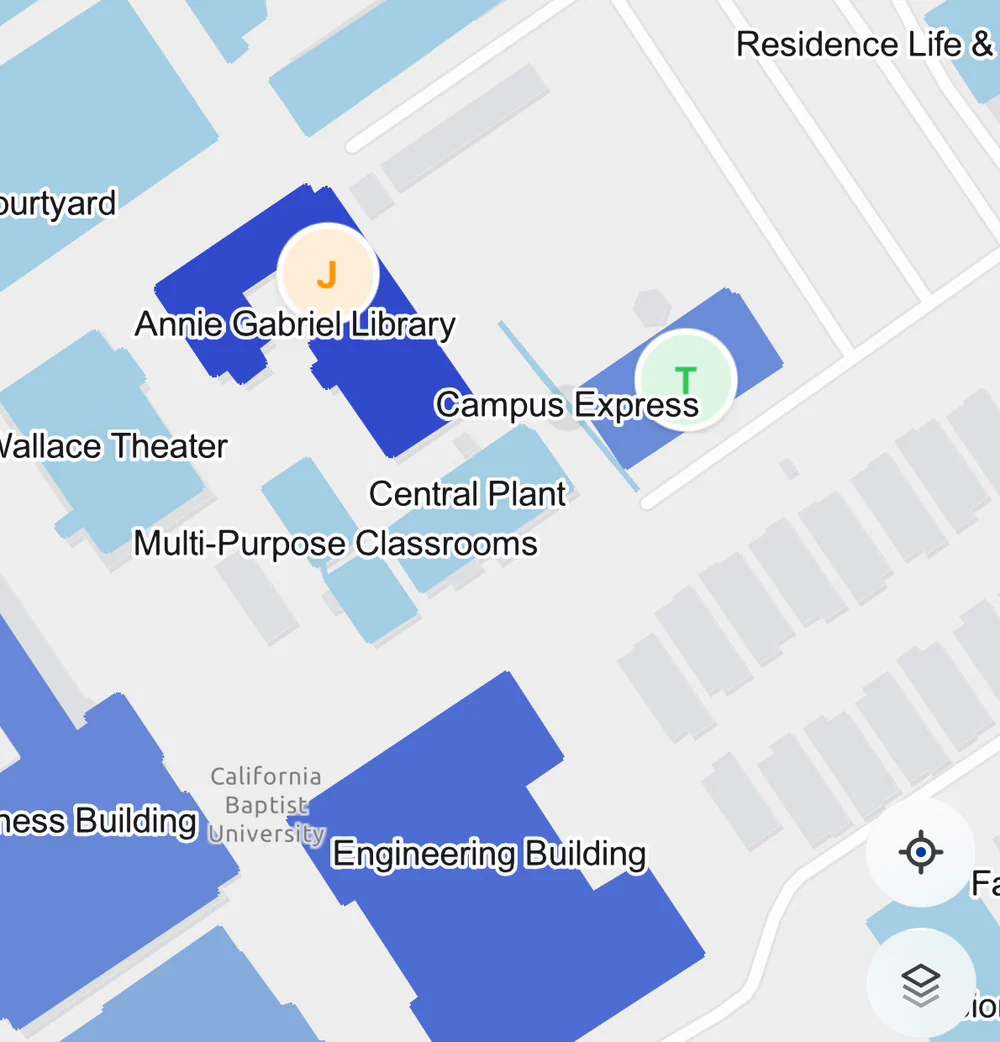 Yonder's campus map. The library and the engineering building are filled a deeper blue than the quieter buildings around them, and two friends' markers sit on the map.